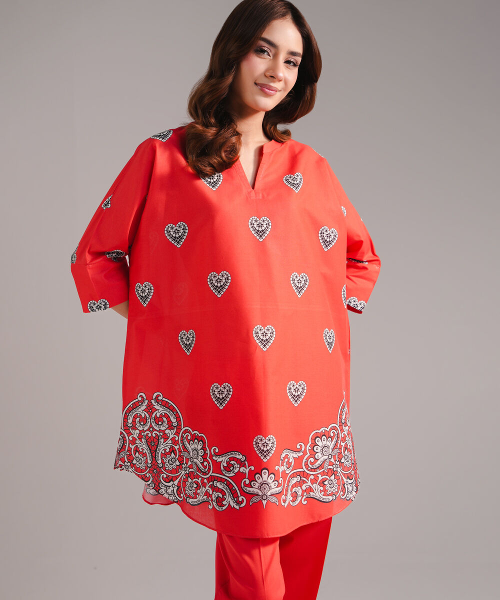 Women's RTW Lawn Printed Red Drop Shoulder Shirt