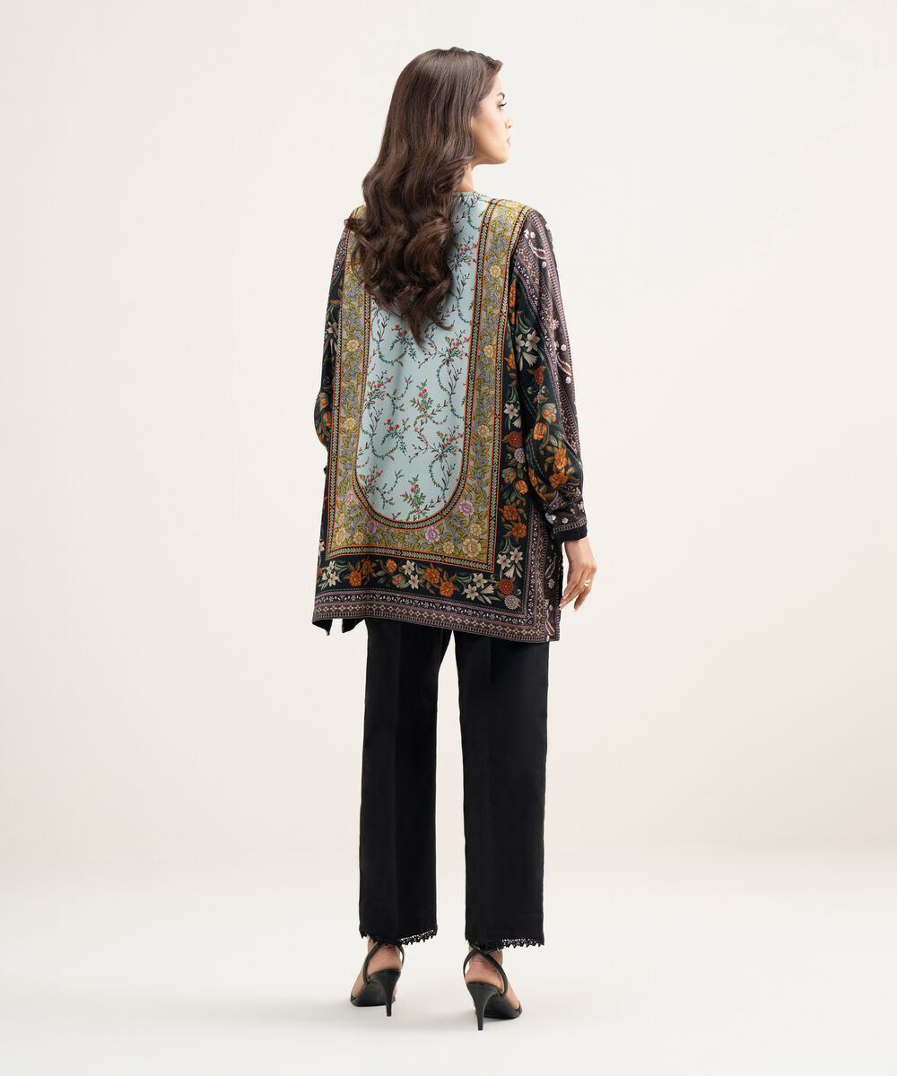 Women's RTW Premium Visocose Satin Printed Dark Blue Drop Shoulder Shirt