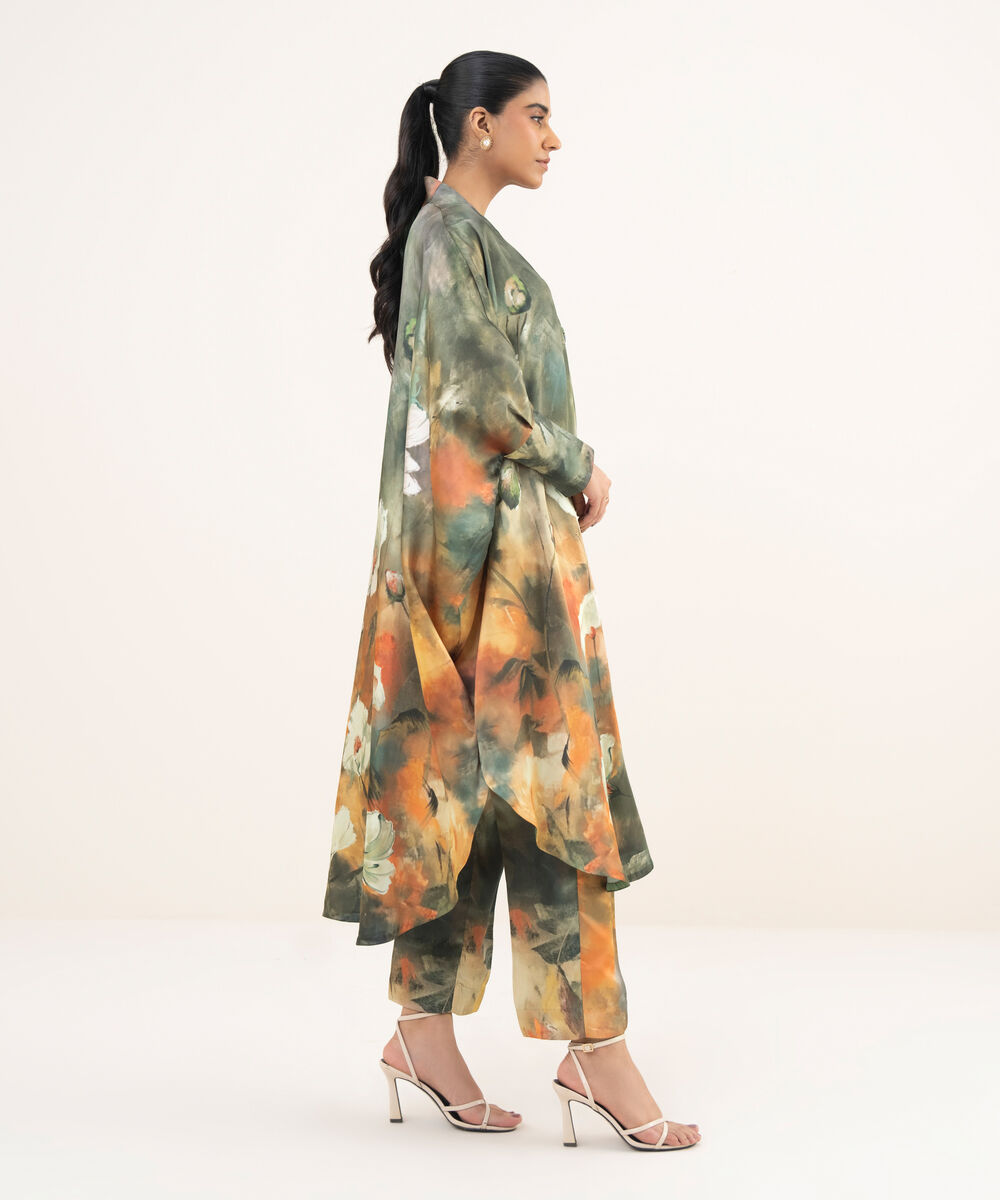 Women's RTW Blended Satin Green Printed Kaftan