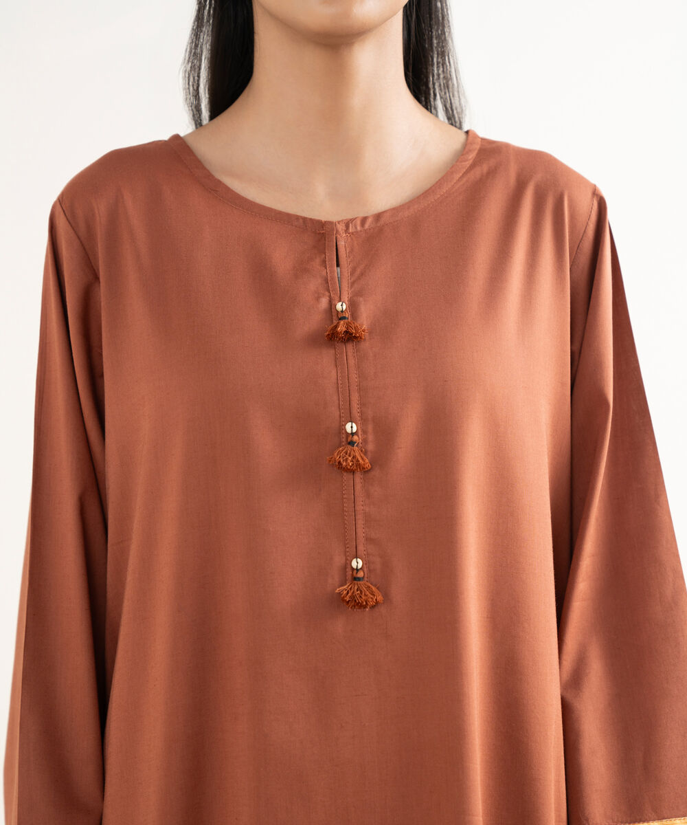 Women's RTW Cotton Viscose Solid Straight Brown Shirt