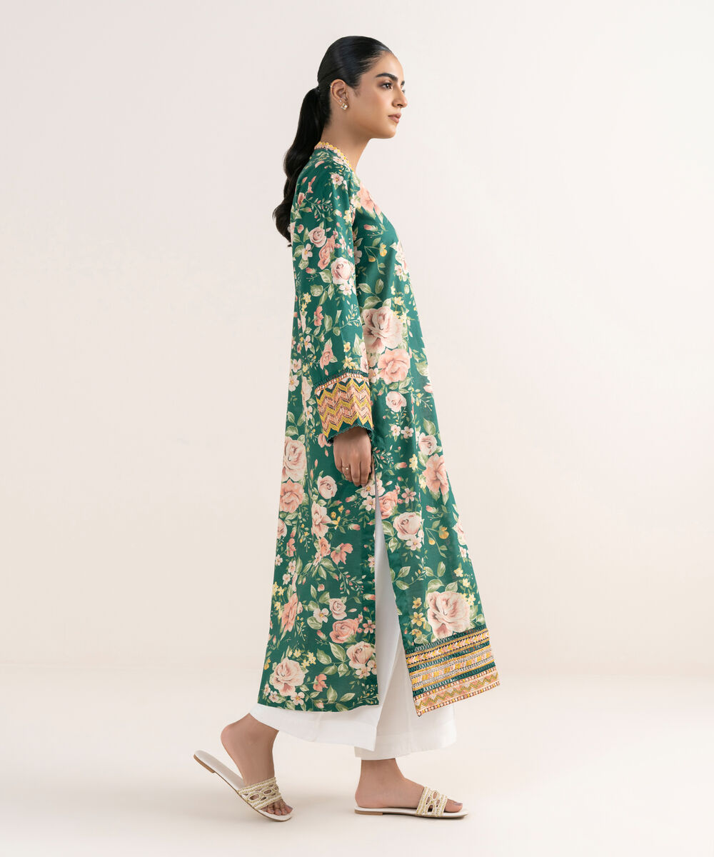 Women's RTW Textured Lawn Green Embroidered A-Line Shirt