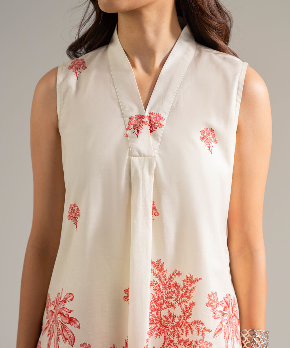 Women's RTW Slub Lawn Printed Off White Straight Shirt