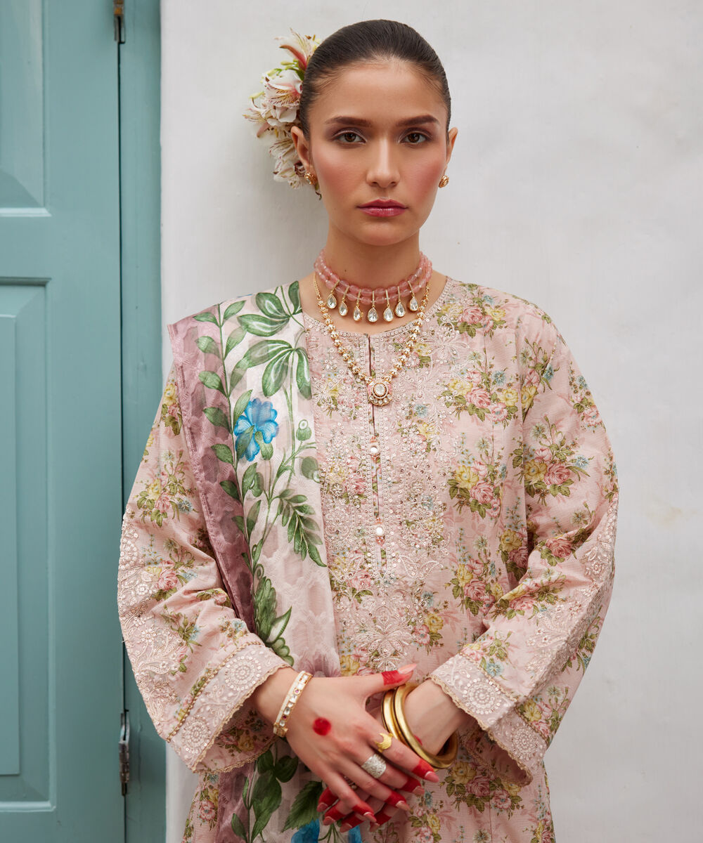 Women's RTW Zari Lawn Embroidered Pink 3 Piece Suit