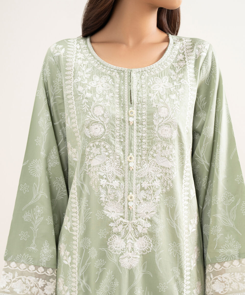 Women's RTW Lawn Embroidered Green A-Line Shirt