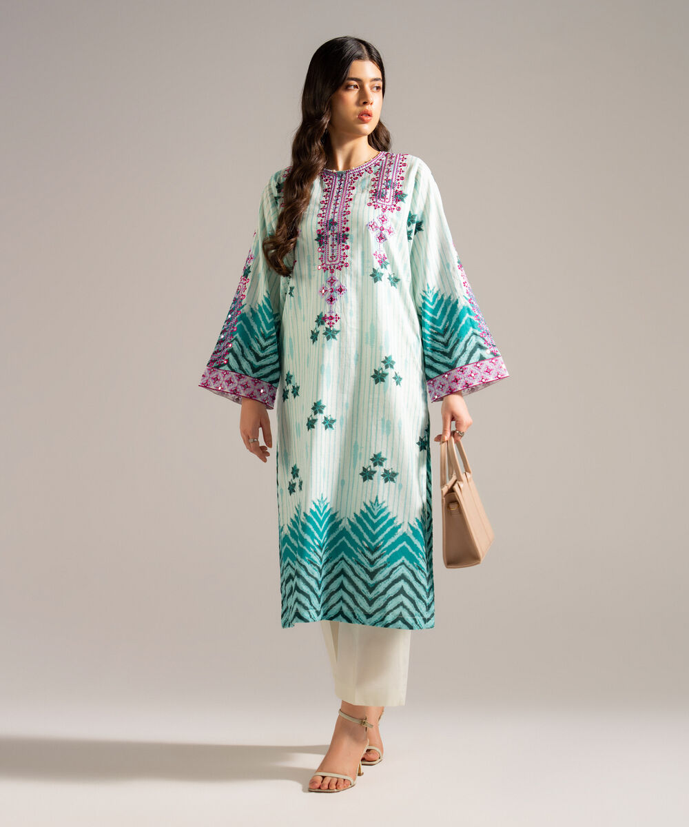 Women's RTW Dobby Embroidered Green Straight Shirt