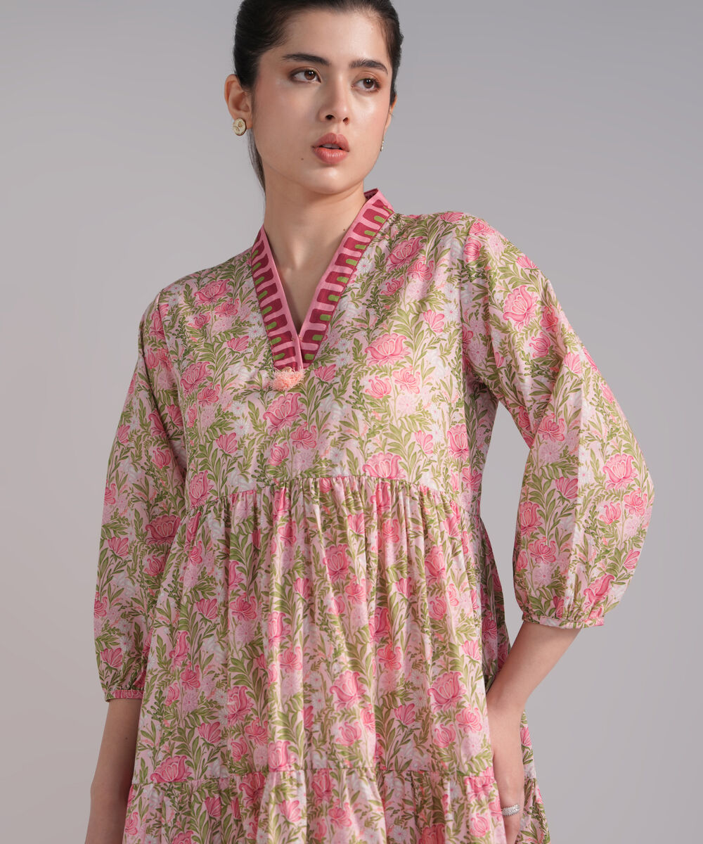 Women's RTW Slub Lawn Printed Pink Dress Shirt