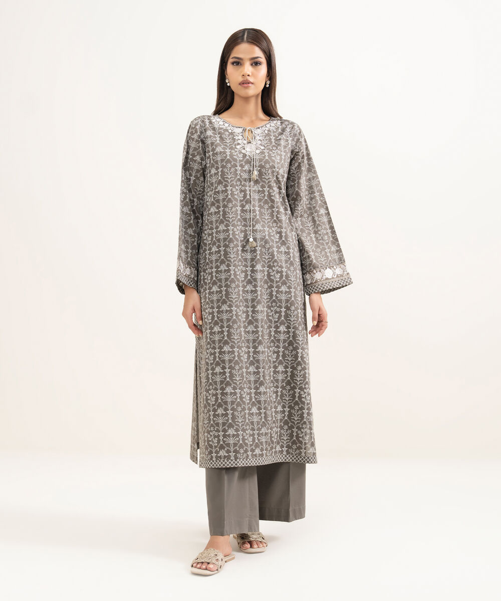 Women's RTW Lawn Embroidered Grey Straight Shirt