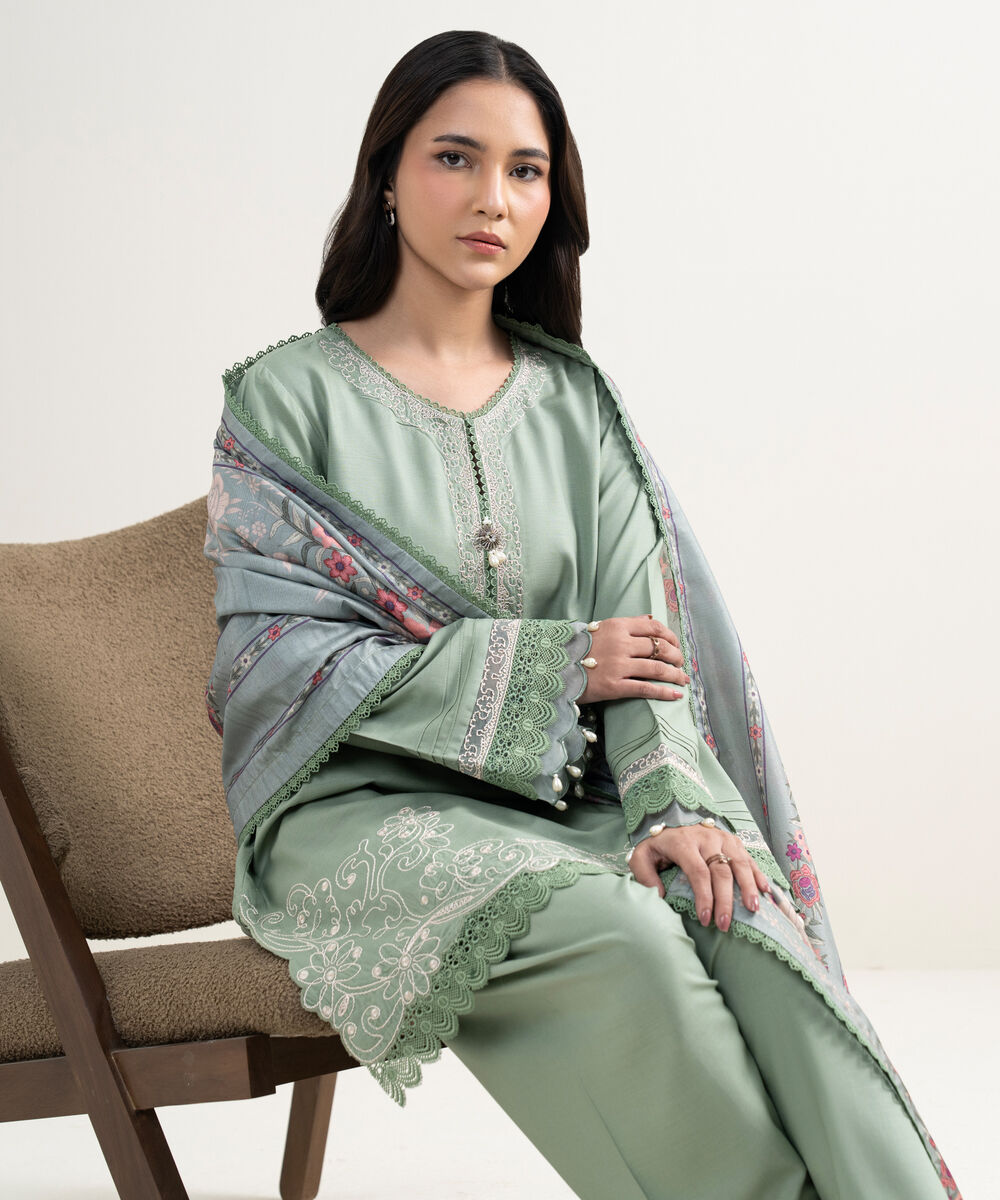 Women's RTW Raw Silk Viscose Embroidered Green 3 Piece Suit
