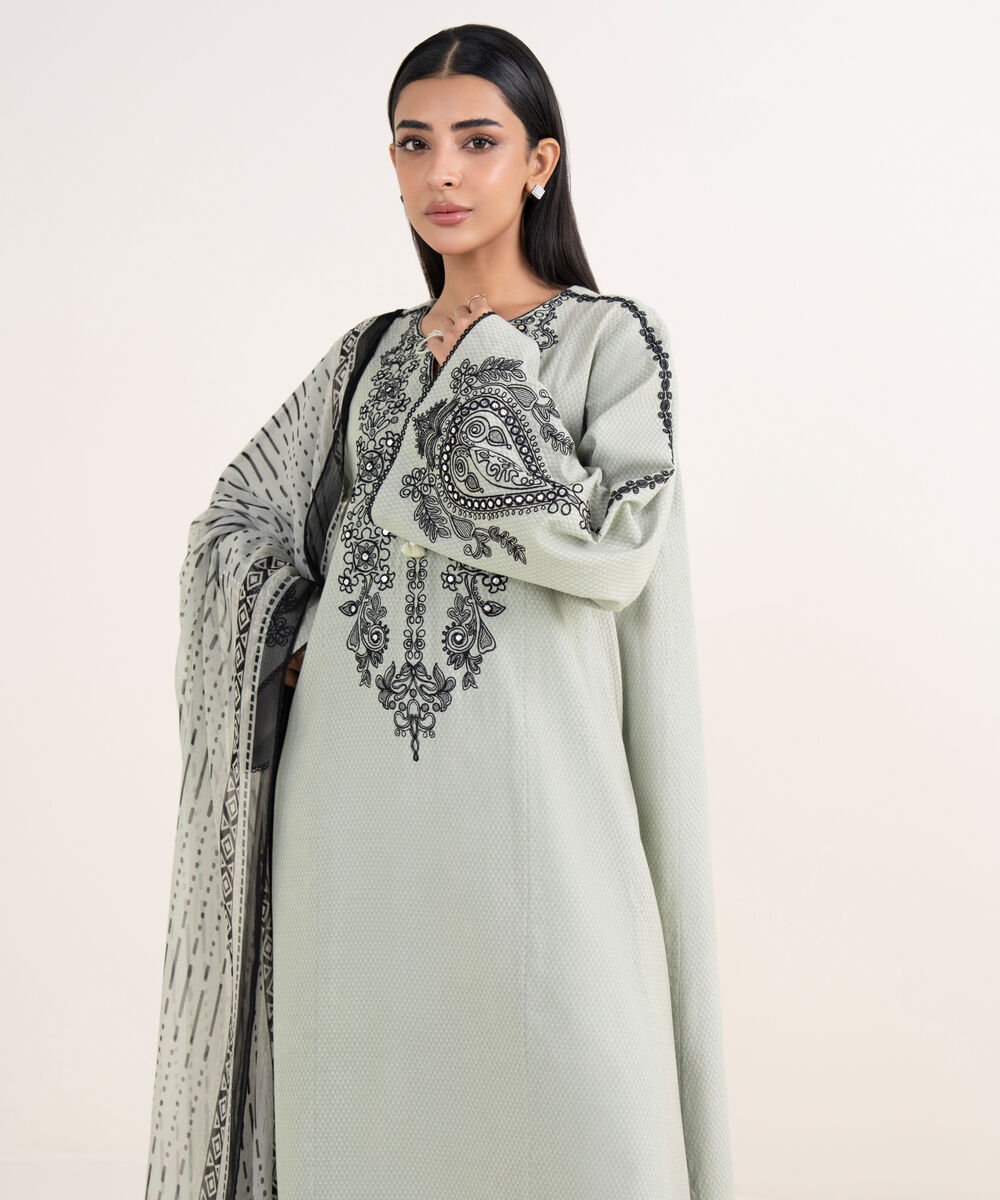 Women's Unstitched Dobby Embroidered Grey 3 Piece Suit