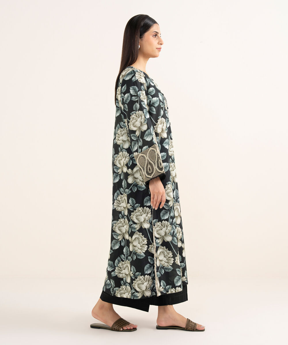 Women's RTW Textured Lawn Black Embroidered A-Line Shirt
