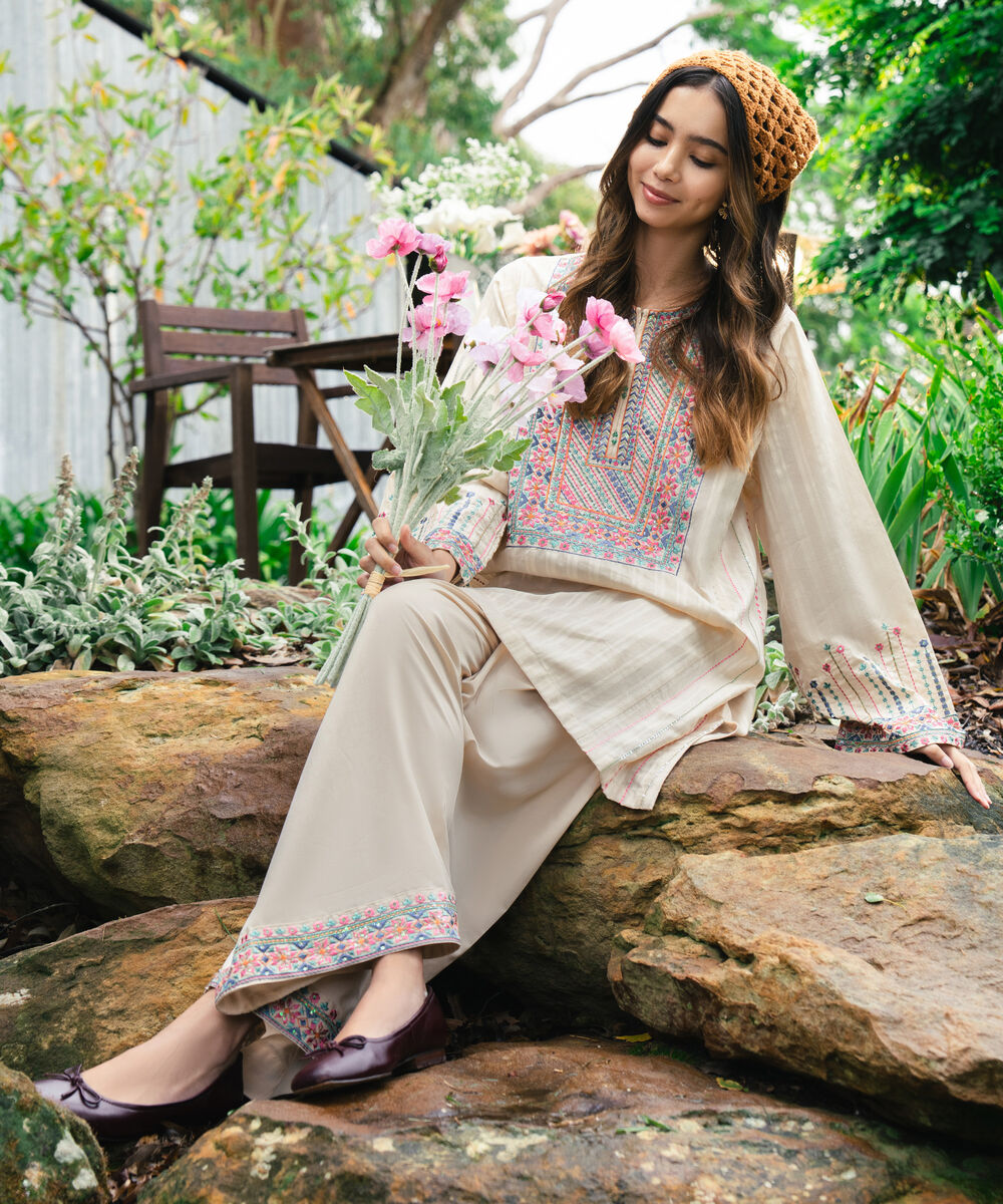 Women's RTW Dobby Embroidered Beige 2 Piece Suit