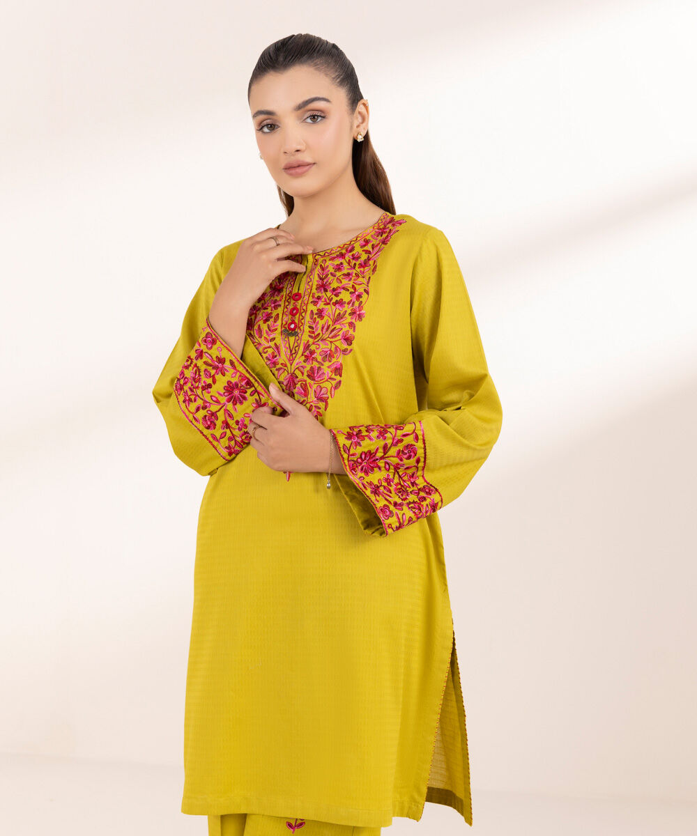Woman - Yellow Embroidered Dobby Shirt
