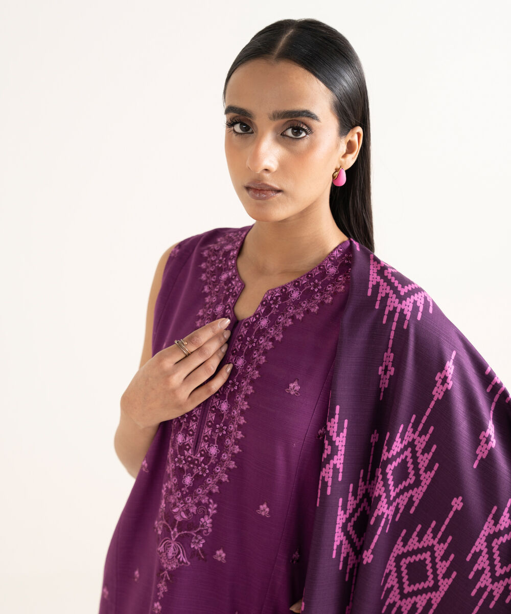 Women's Unstitched Khaddar Embroidered Magenta 3 Piece Suit