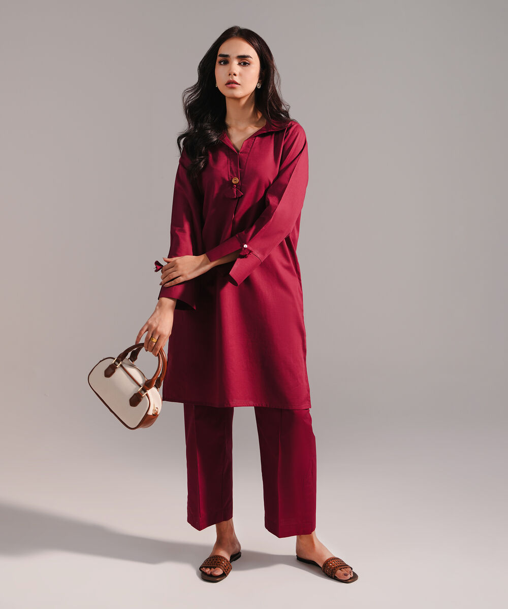 Women's RTW Crosshatch Solid Maroon Straight Shirt