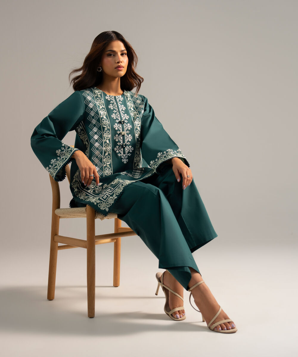 Women's RTW Lawn Embroidered Dark Green Straight Shirt
