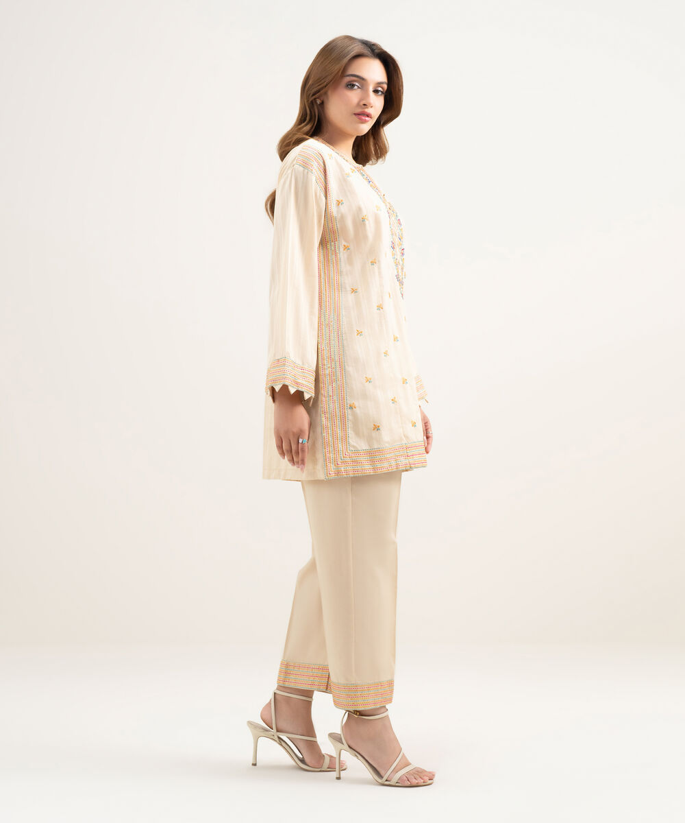 Women's RTW Dobby Embroidered Beige 2 Piece Suit