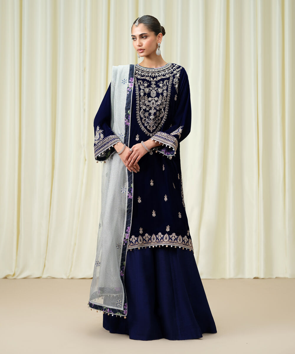 Women's Unstitched Velvet Embroidered Blue 3 Piece Suit