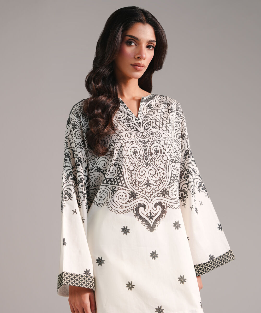 Women's RTW Lawn Printed Off White Drop Shoulder Shirt