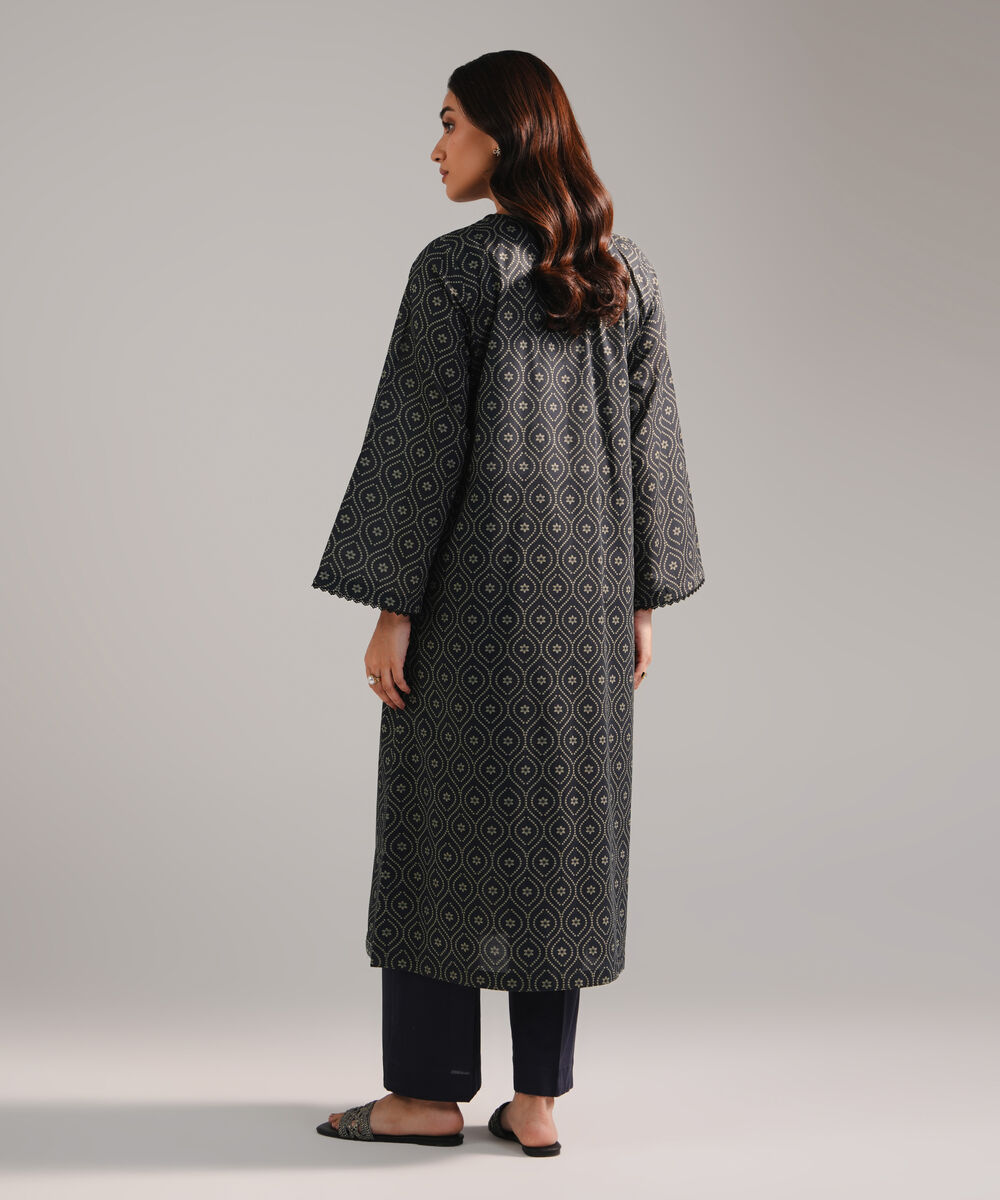 Women's RTW Slub Lawn Embroidered Black Straight Shirt