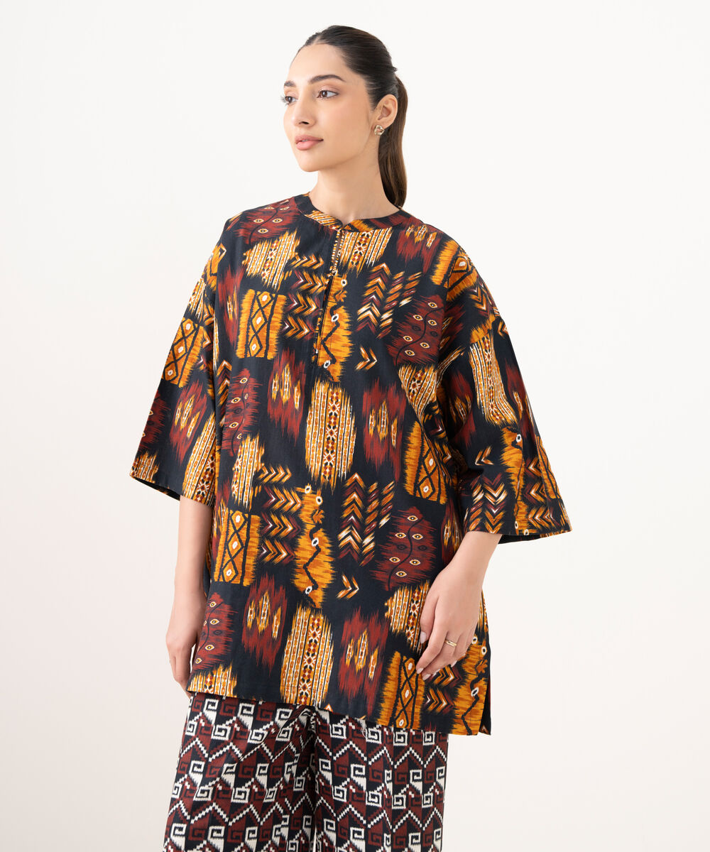 Women's RTW Cotton Printed Black Boxy Shirt