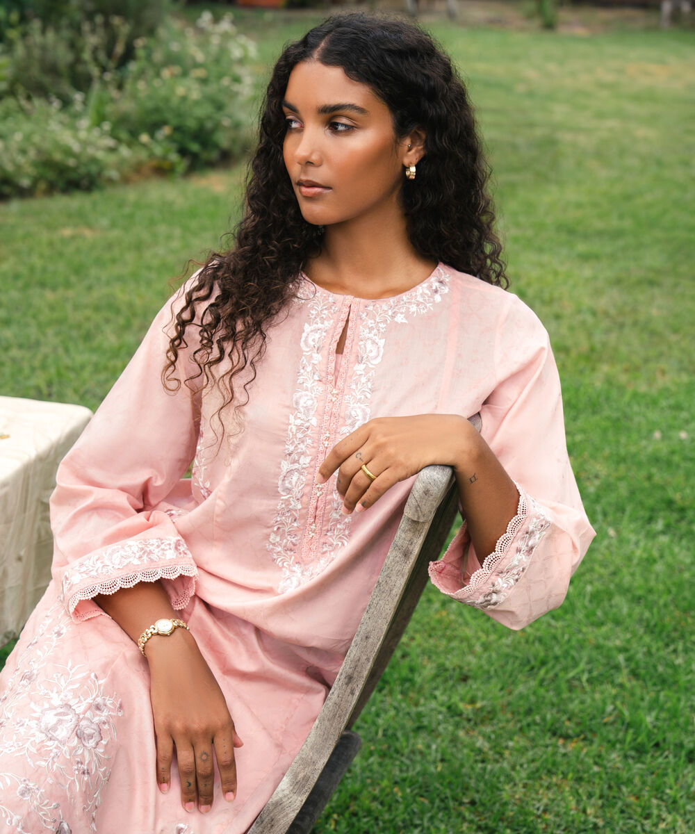 Women's RTW Self Jacquard Embroidered Pink A-Line Shirt