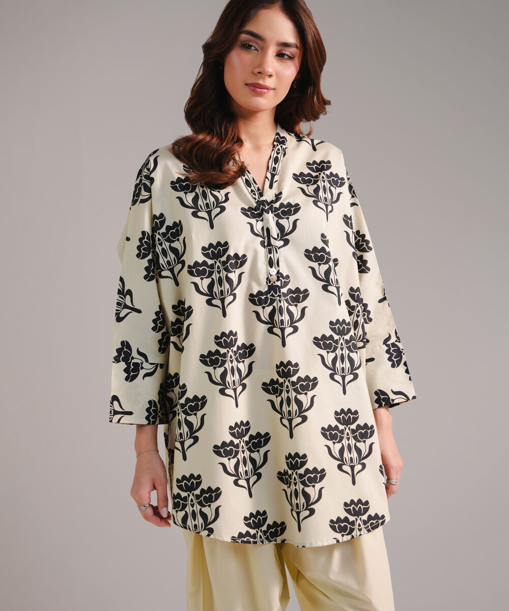 Women's RTW Cambric Printed Off White 2 Piece Suit