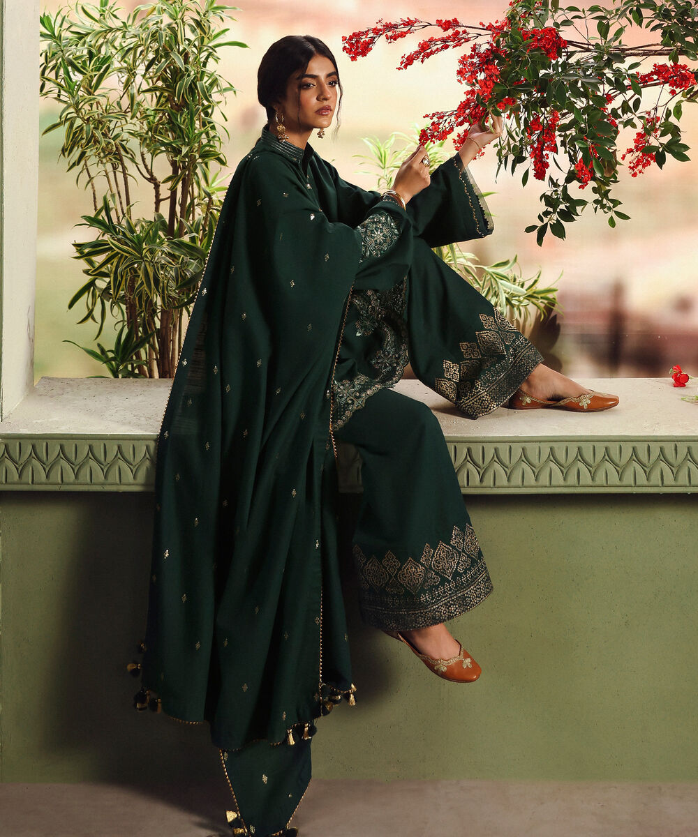 Women's Unstitched Khaddar Embroidered Green 3 Piece Suit