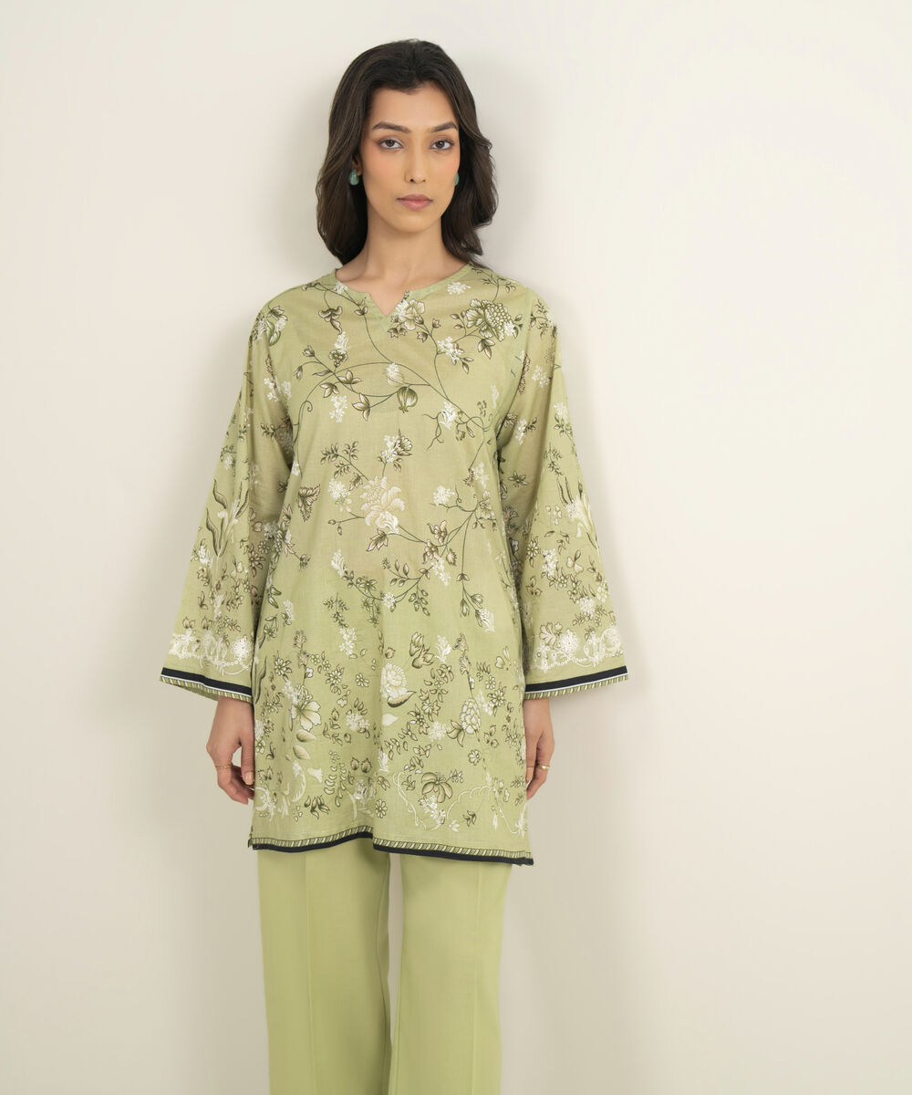 Women's RTW Lawn Embroidered Green Straight Shirt