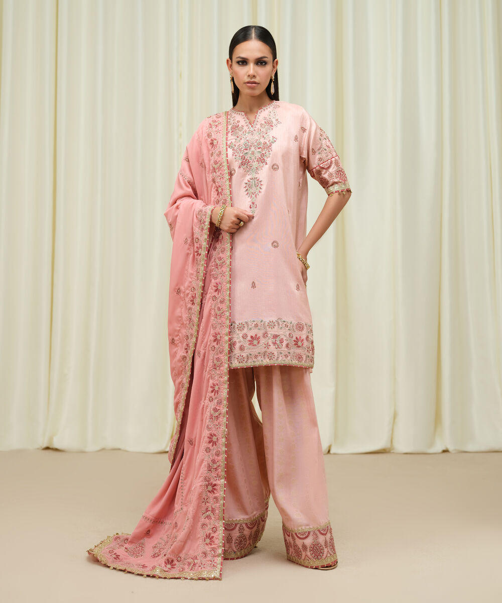 Women's Unstitched Raw Silk Embroidered Pink 3 Piece Suit
