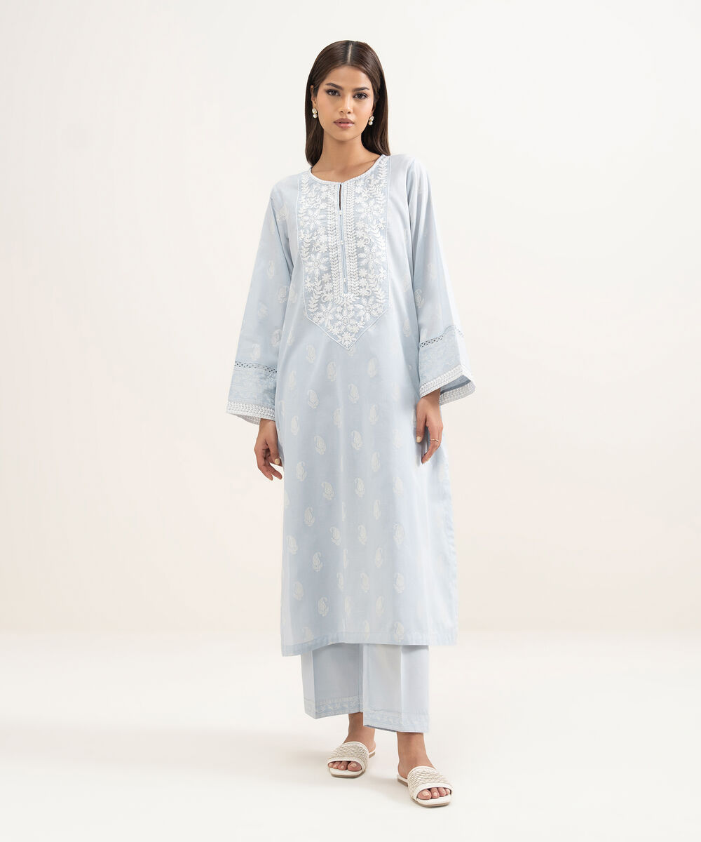 Women's RTW Lawn Embroidered Ice Blue Straight Shirt