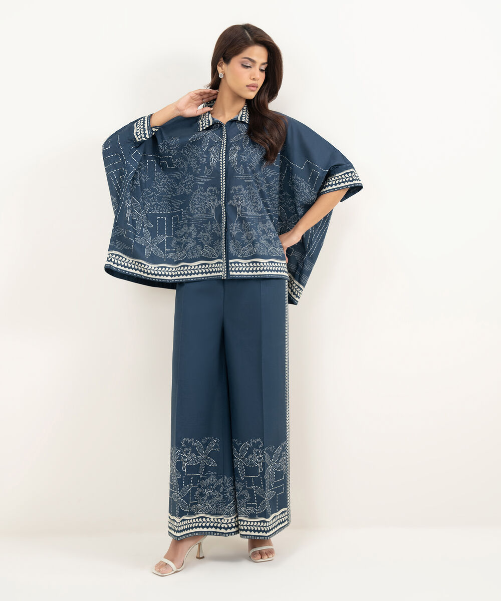 Women's RTW Lawn Printed Blue Drop Shoulder Shirt