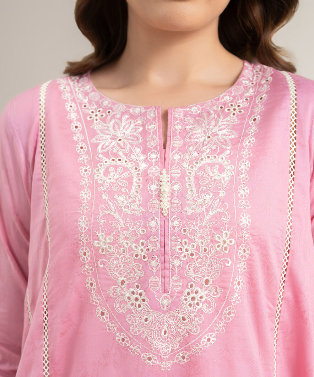 Women's RTW Self Jacquard Embroidered Pink A-Line Shirt