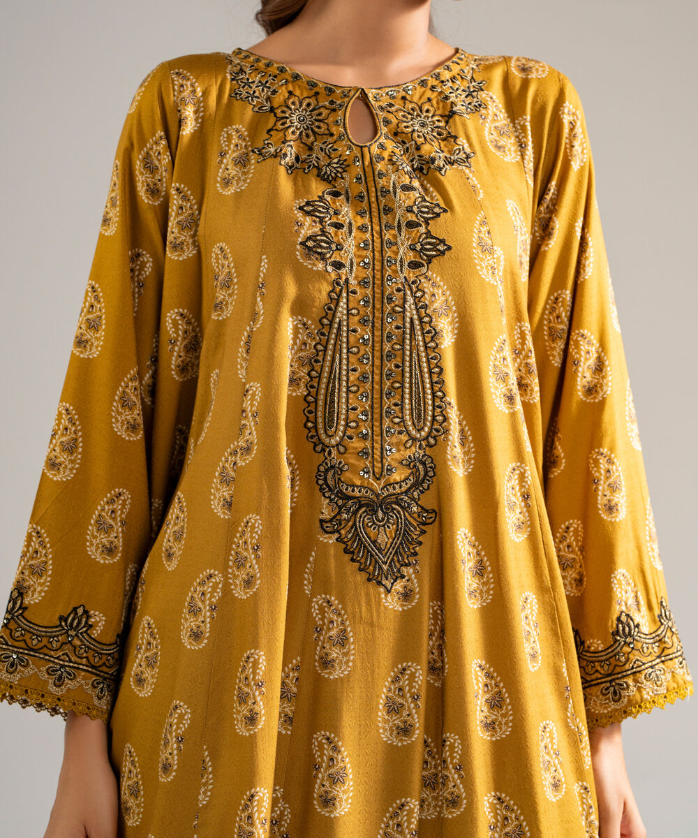 Women's RTW Arabic Dobby Embroidered Mustard Brown 3 Piece Suit