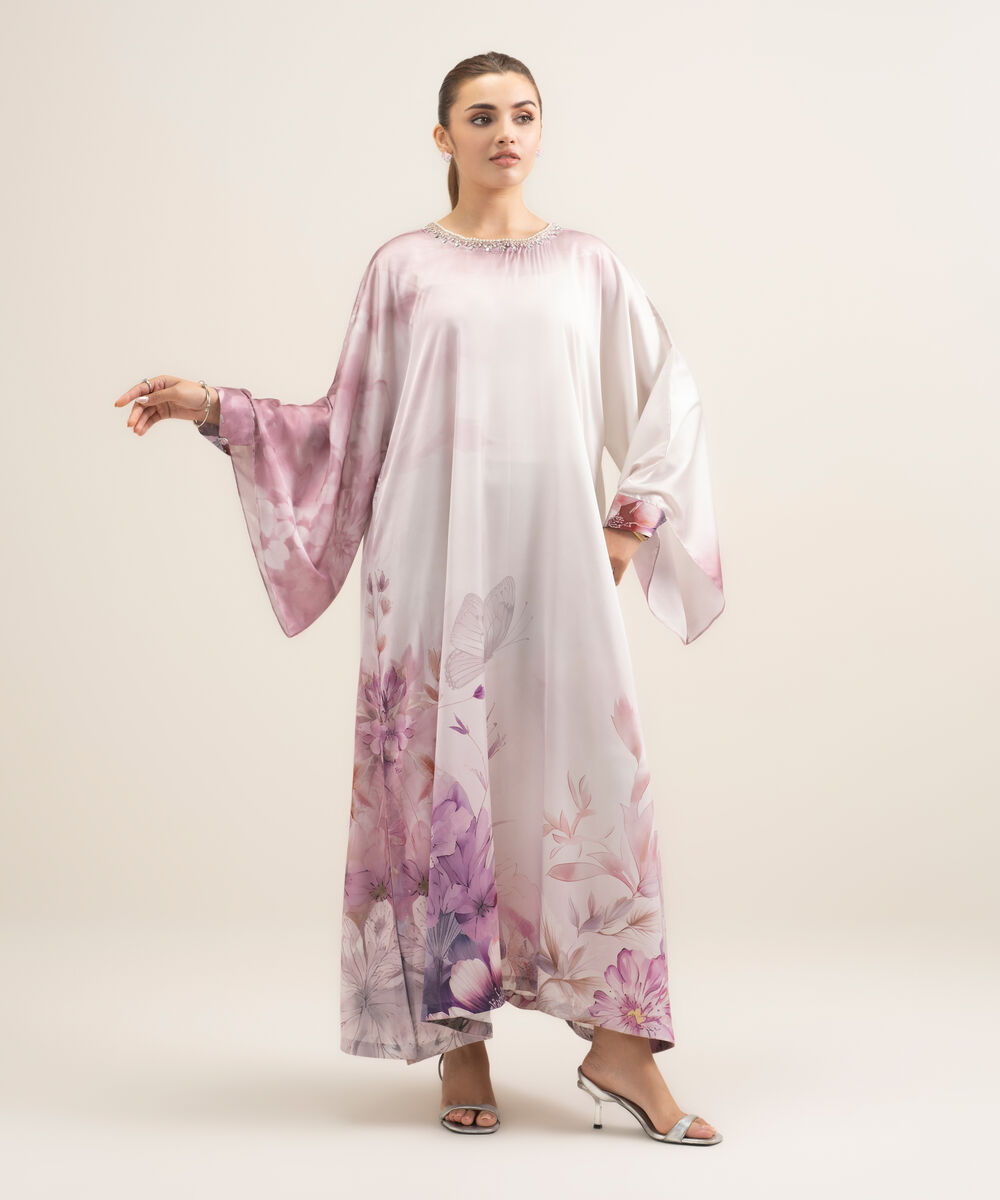 Women's RTW Blended Satin Printed Purple 2 Piece Suit