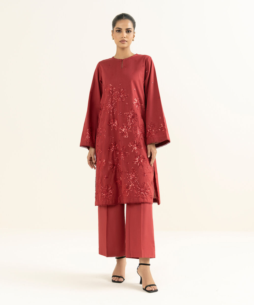 Women's RTW Multineps Embroidered Red Straight Shirt