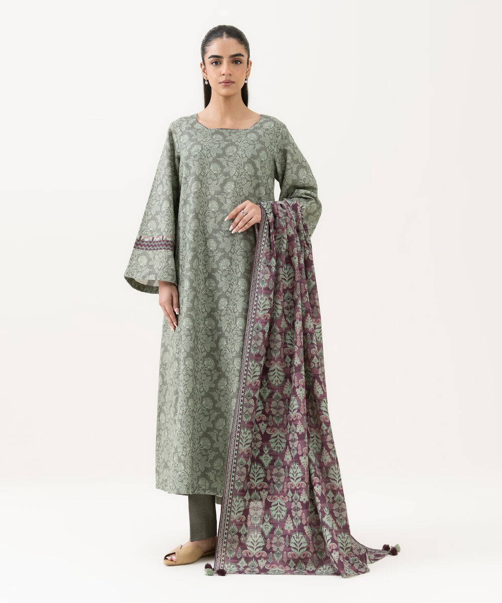 Women's Unstitched Khaddar Printed Grey 3 Piece Suit