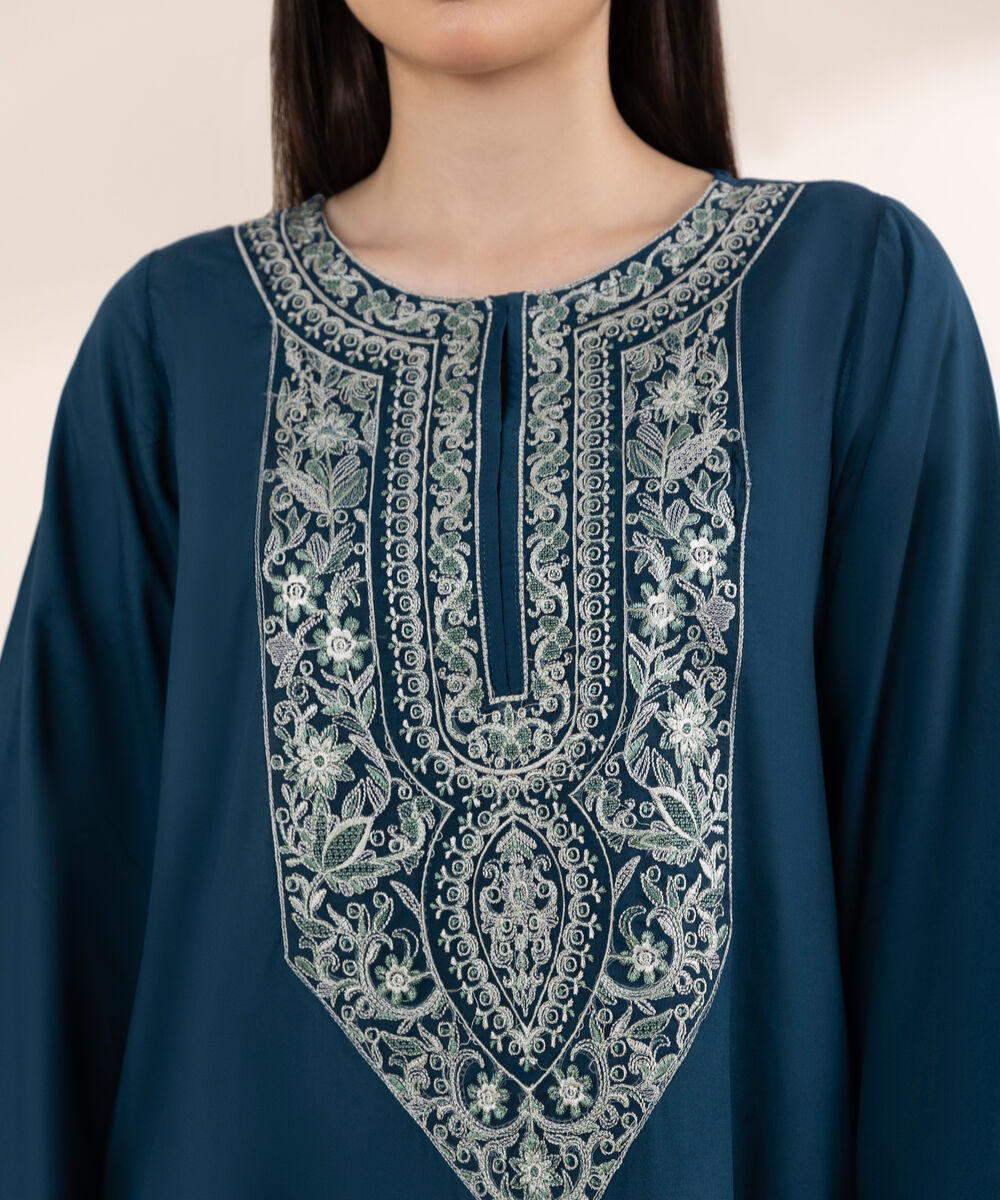Women's RTW Arabic Lawn Blue Embroidered A-Line Shirt