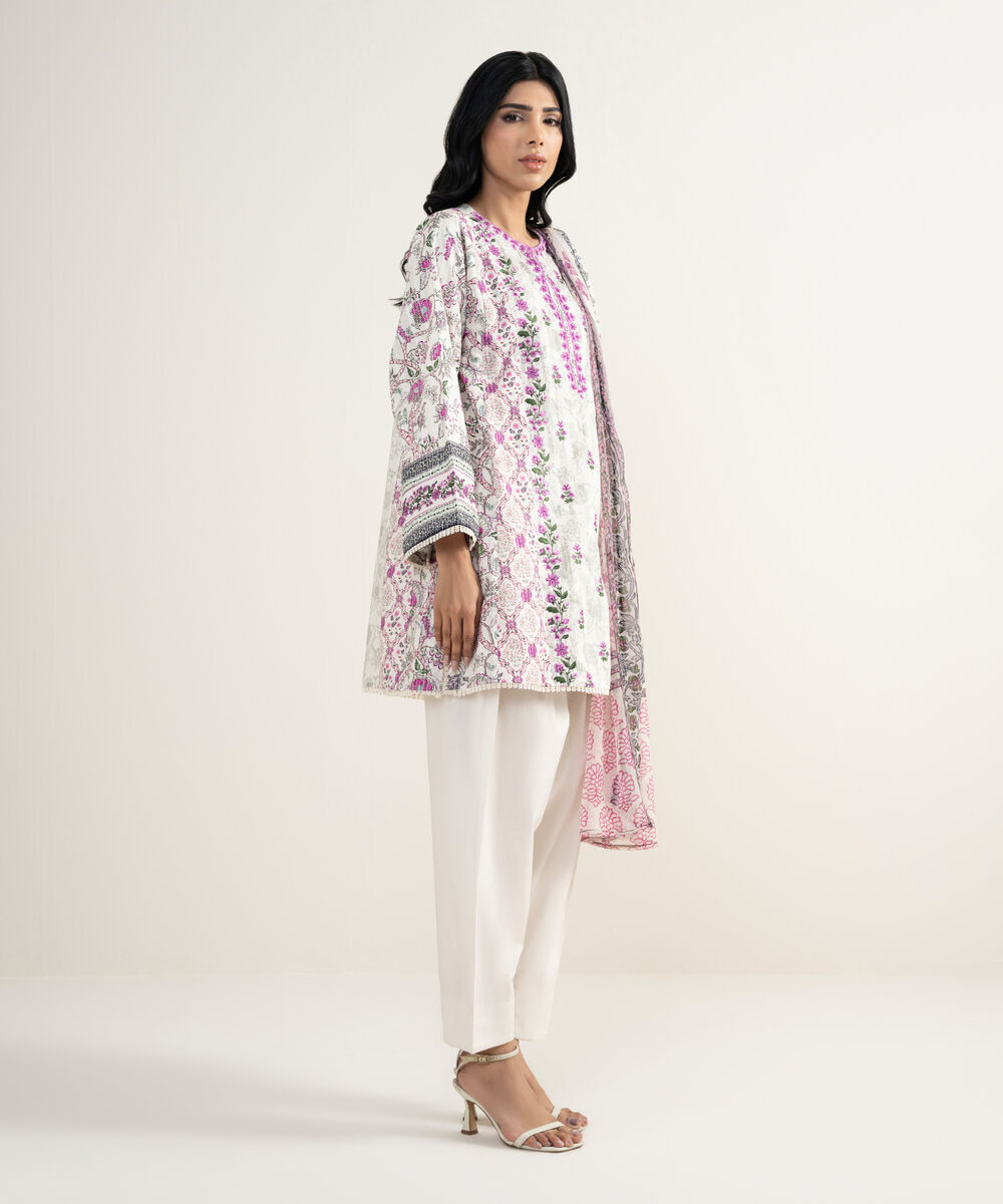 Women's RTW Cotton Embroidered Off White 3 Piece Suit