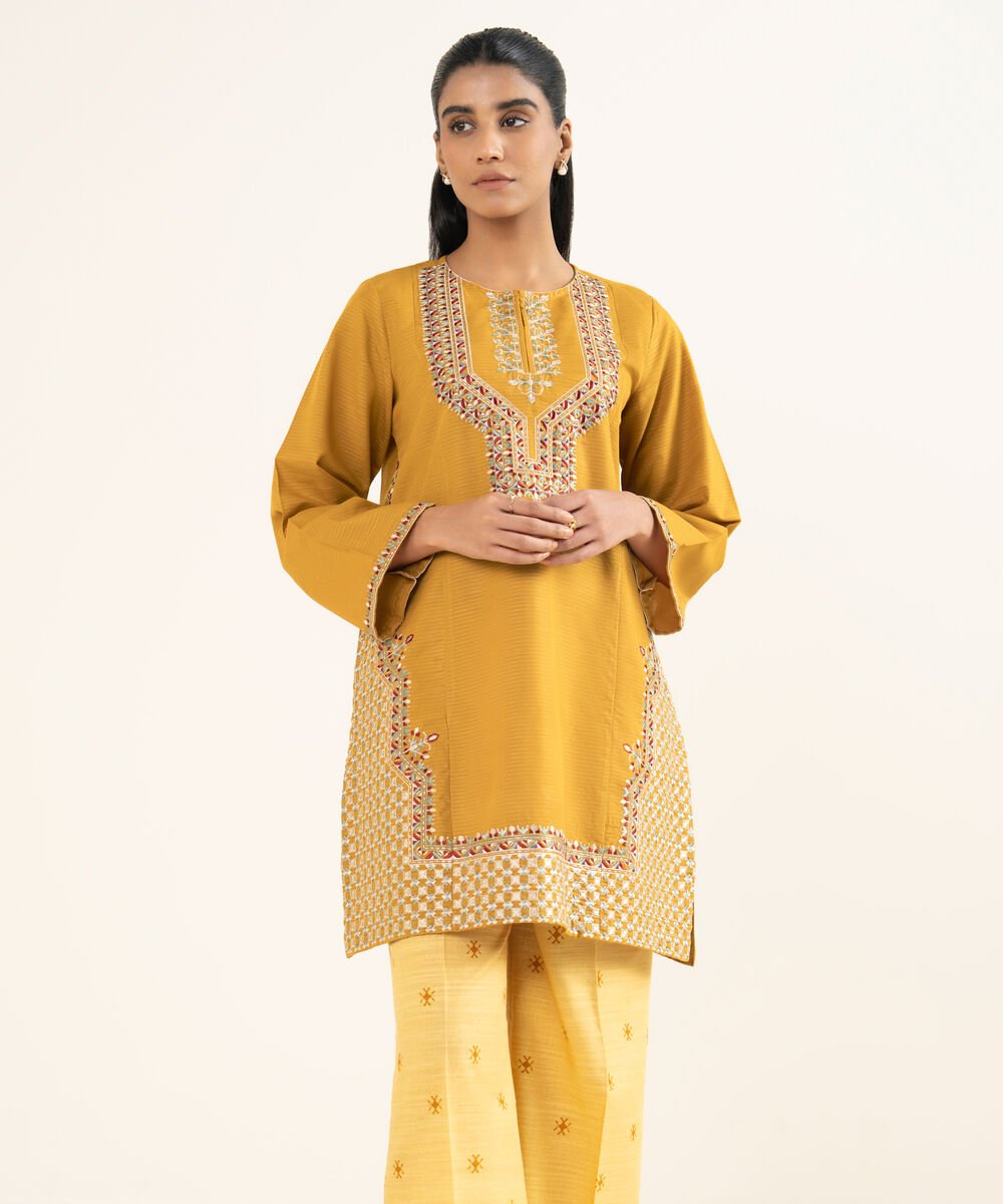 Women's RTW Fancy Textured Slub Embroidered Mustard Straight Shirt