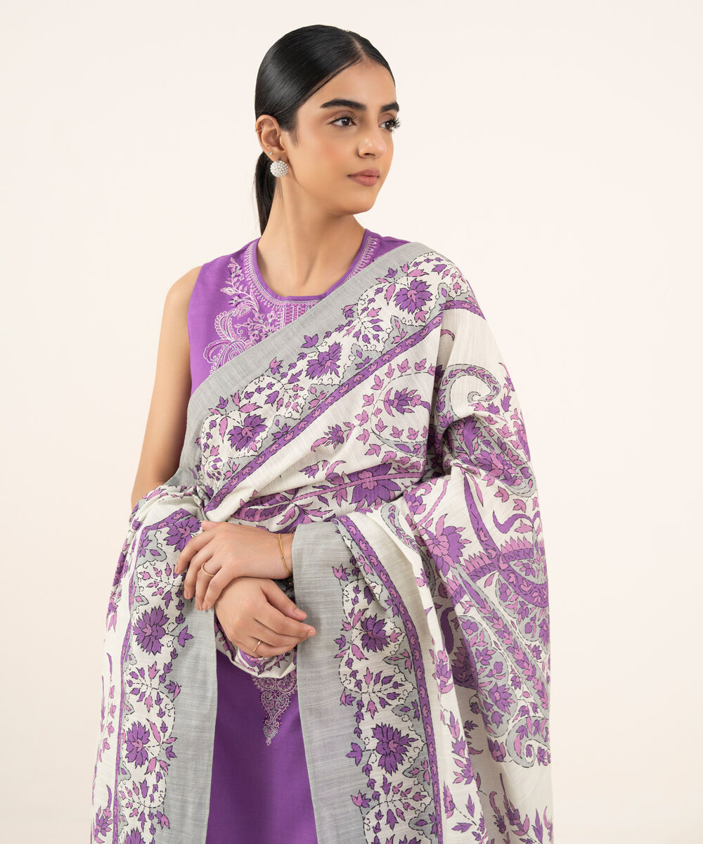 Women's Unstitched Textured Cotton Embroidered Purple 2 Piece Suit