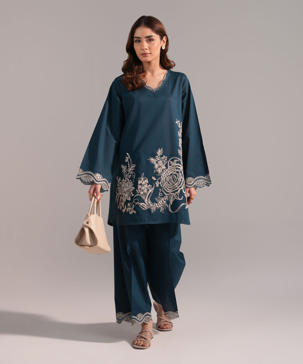 Women's RTW Crosshatch Embroidered Teal Straight Shirt