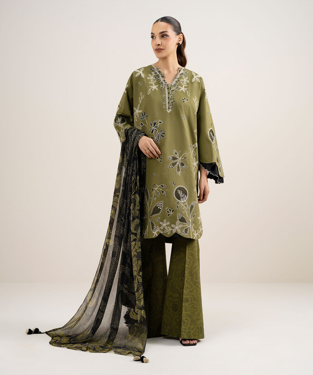 Women's Unstitched Textured Lawn Embroidered Green 3 Piece Suit