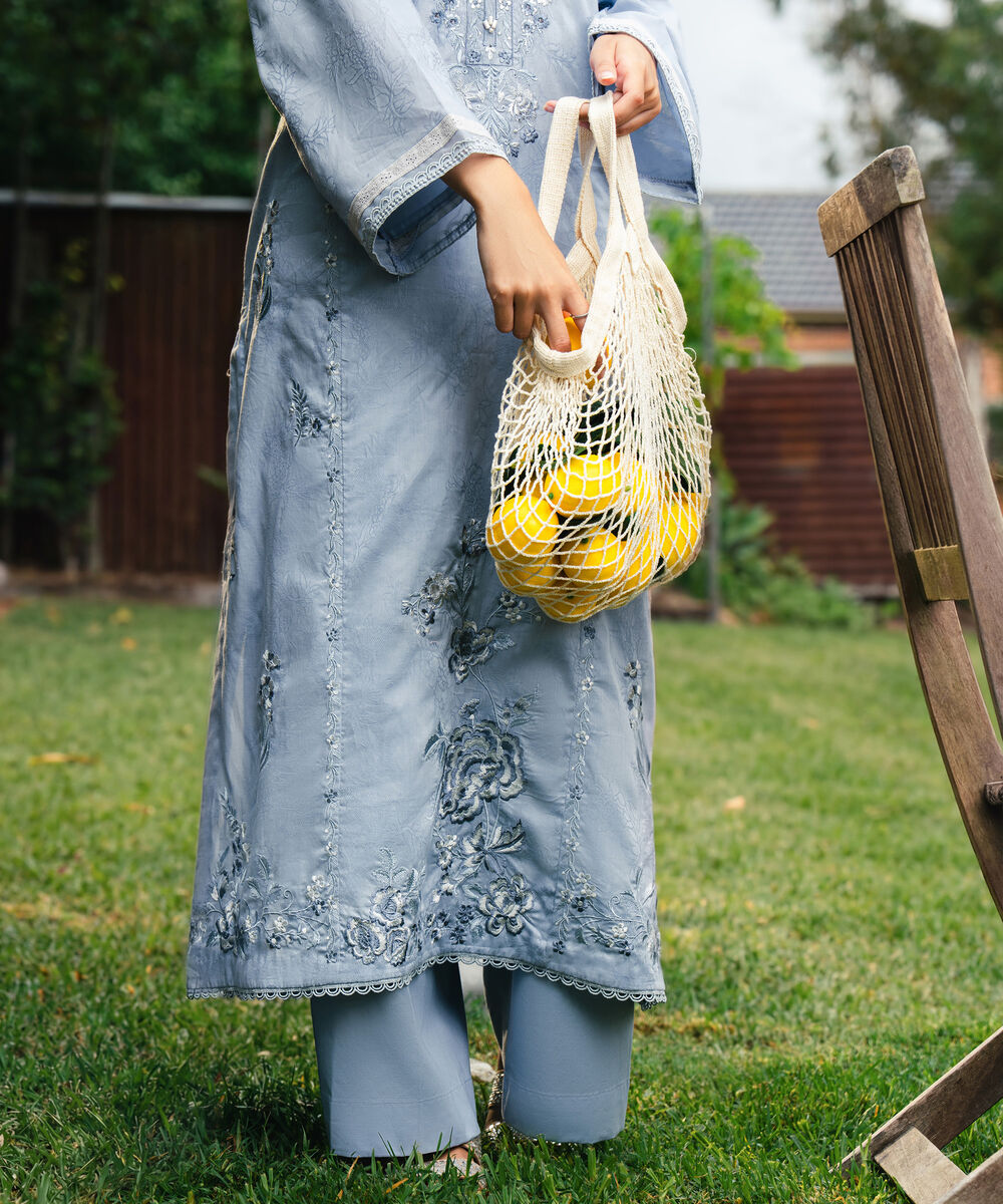 Women's RTW Self Jacquard Embroidered Blue A-Line Shirt