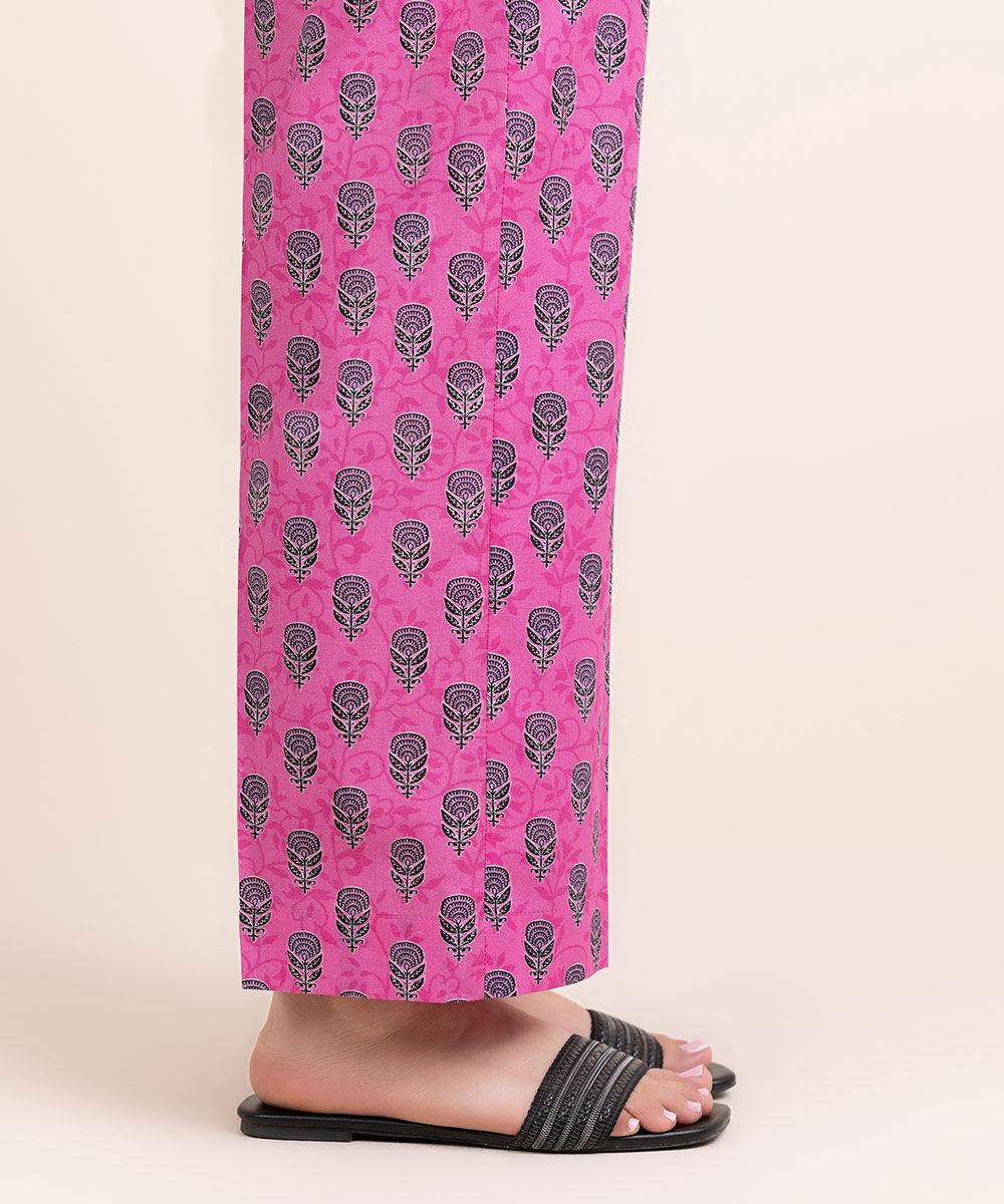 Woman - Pink Printed Cambric Straight Pants