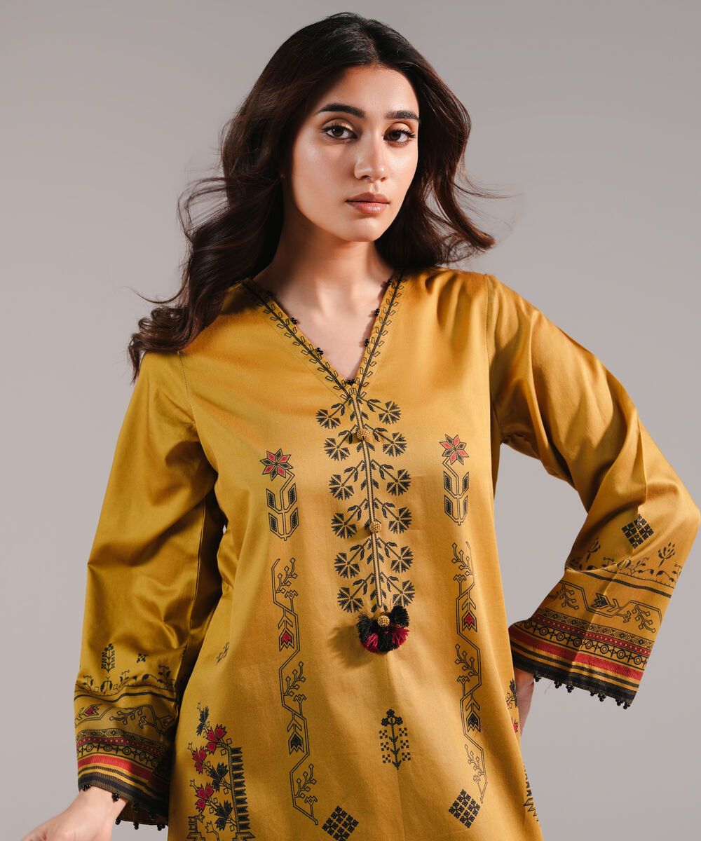 Women's RTW Cotton Satin Printed Mustard Straight Shirt