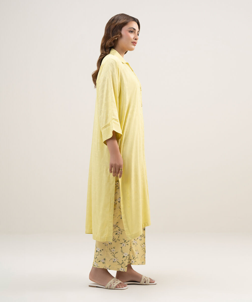 Women's RTW Arabic Self Jacquard Solid Lime Yellow Straight Shirt