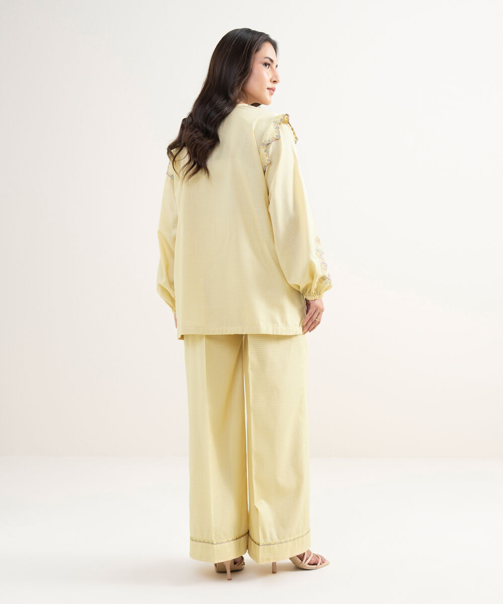 Women's RTW Dobby Embroidered Yellow Straight Shirt