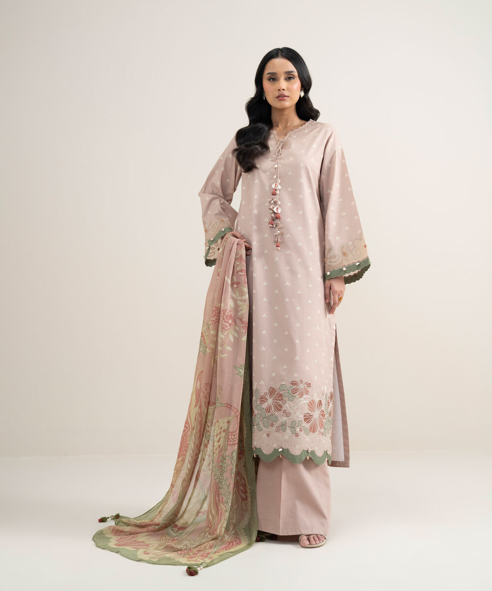 Women's Unstitched Dobby Embroidered Tea Pink 3 Piece Suit
