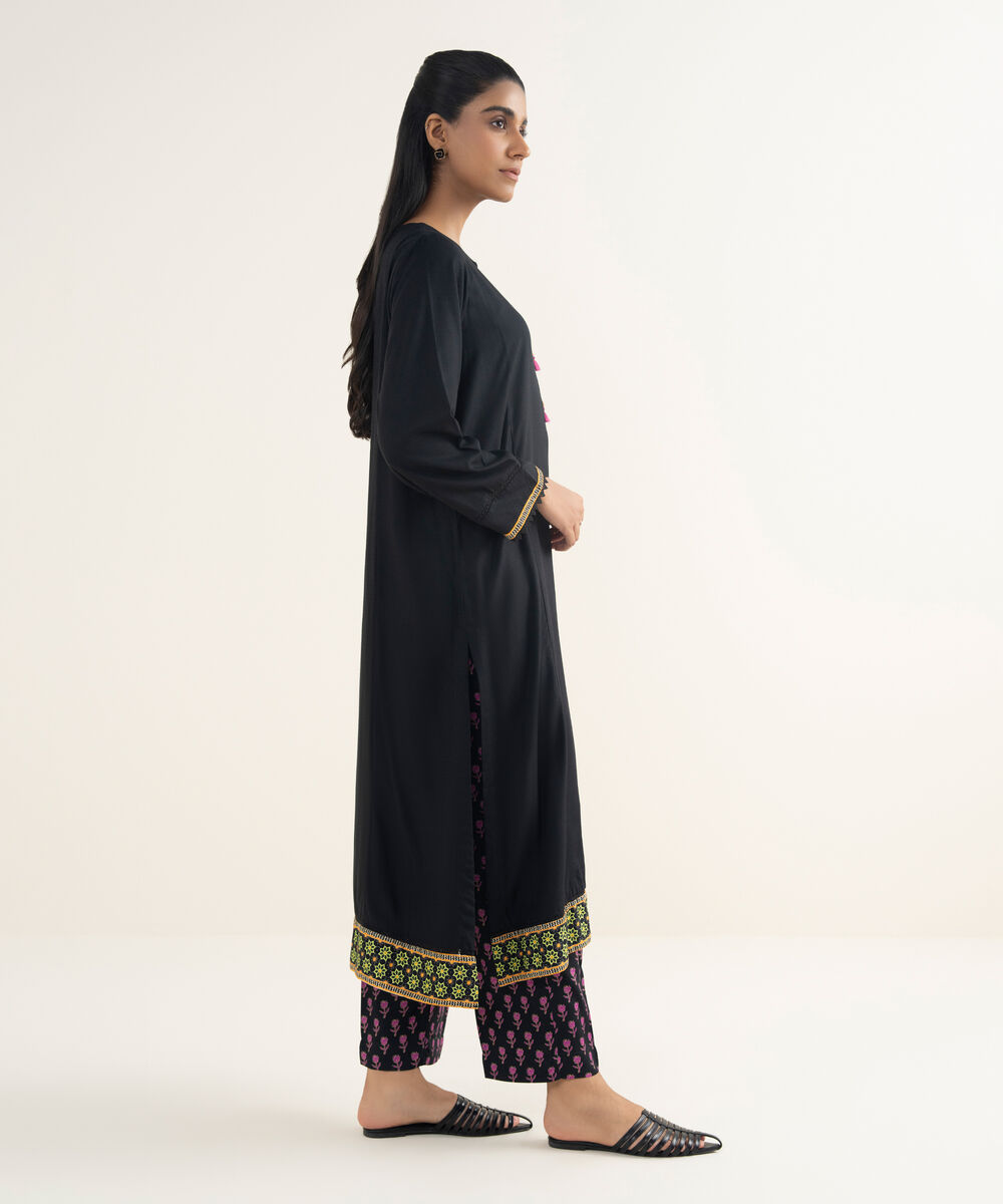 Women's RTW Textured Viscose Solid Black A-Line Shirt