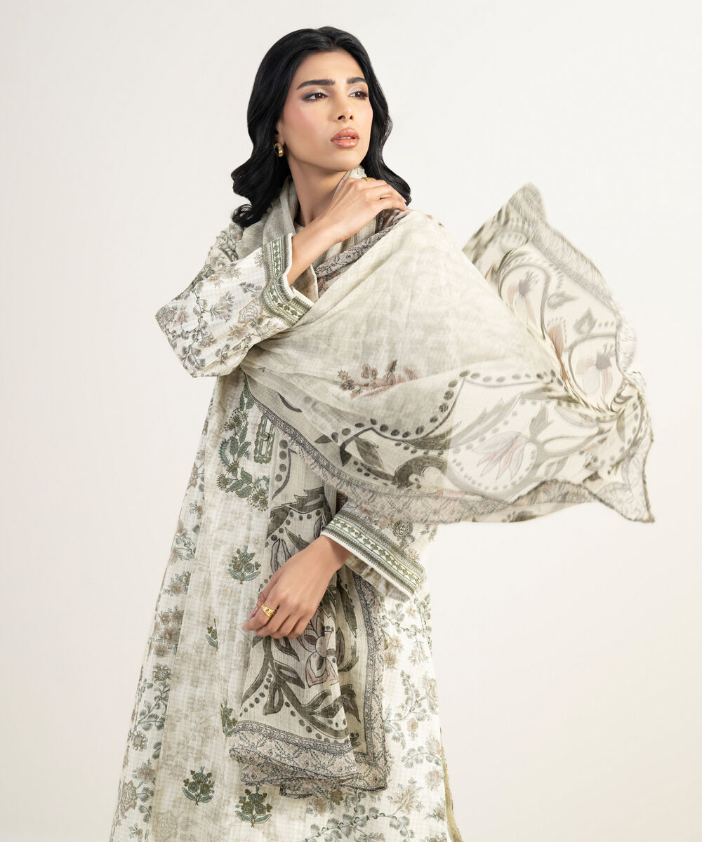 Women's RTW Cotton Embroidered Off White 3 Piece Suit